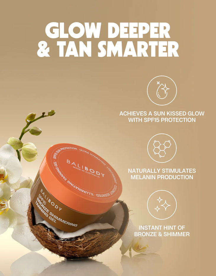 Bronze Shimmering Tanning Gel SPF15 jar with coral lid — Bali Body | Endless UAE
