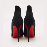 Black suede pointed-toe pumps with cream insoles and tan leather interior — Endless | Endless UAE