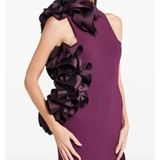 Burgundy halter gown with ruffled appliqué detailing on sides — Greta Constantine | Endless UAE