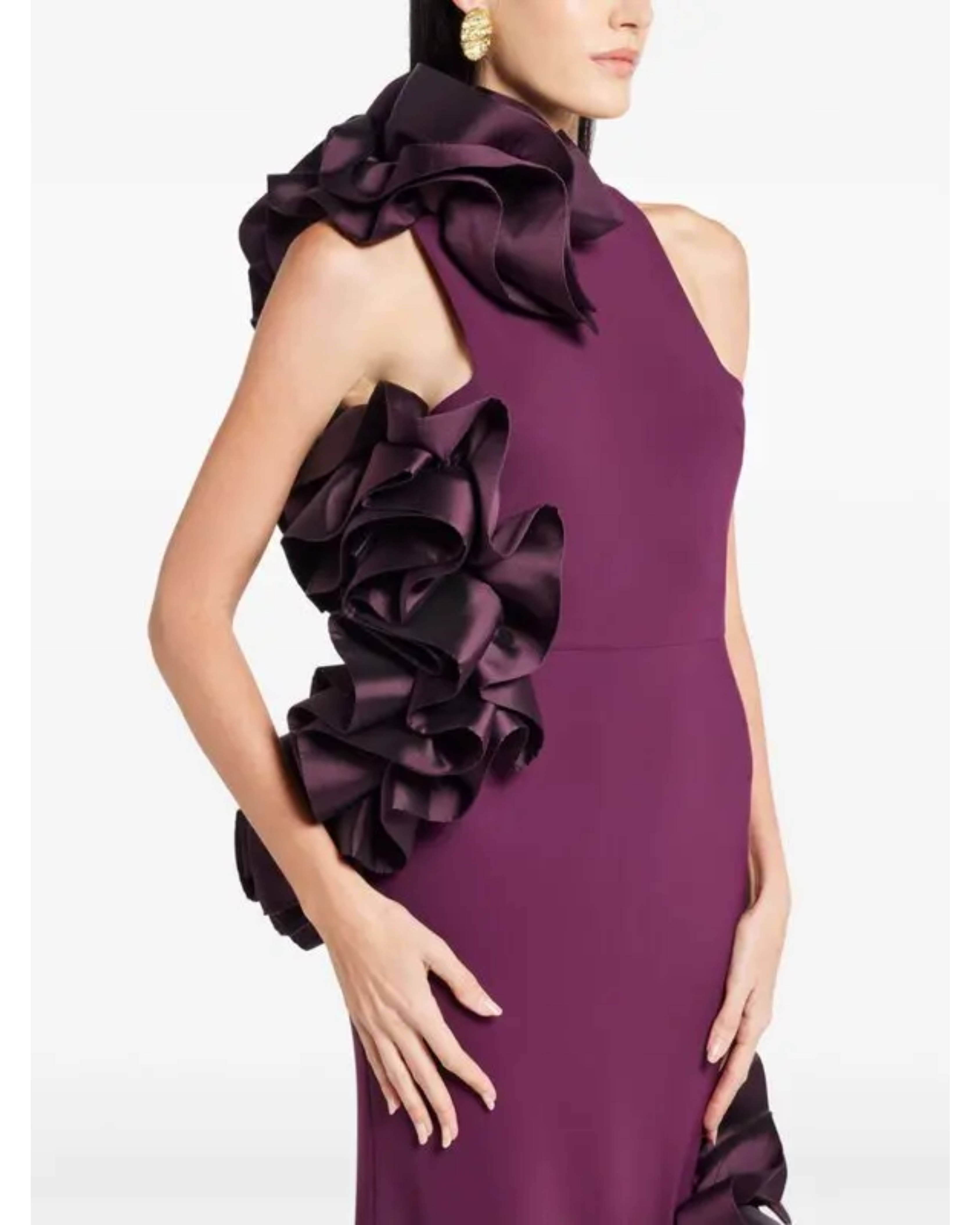 Burgundy halter gown with ruffled appliqué detailing on sides — Greta Constantine | Endless UAE