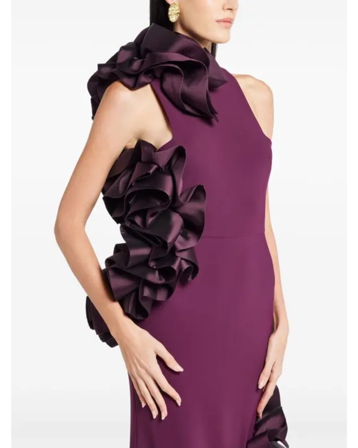 Burgundy halter gown with ruffled appliqué detailing on sides — Greta Constantine | Endless UAE