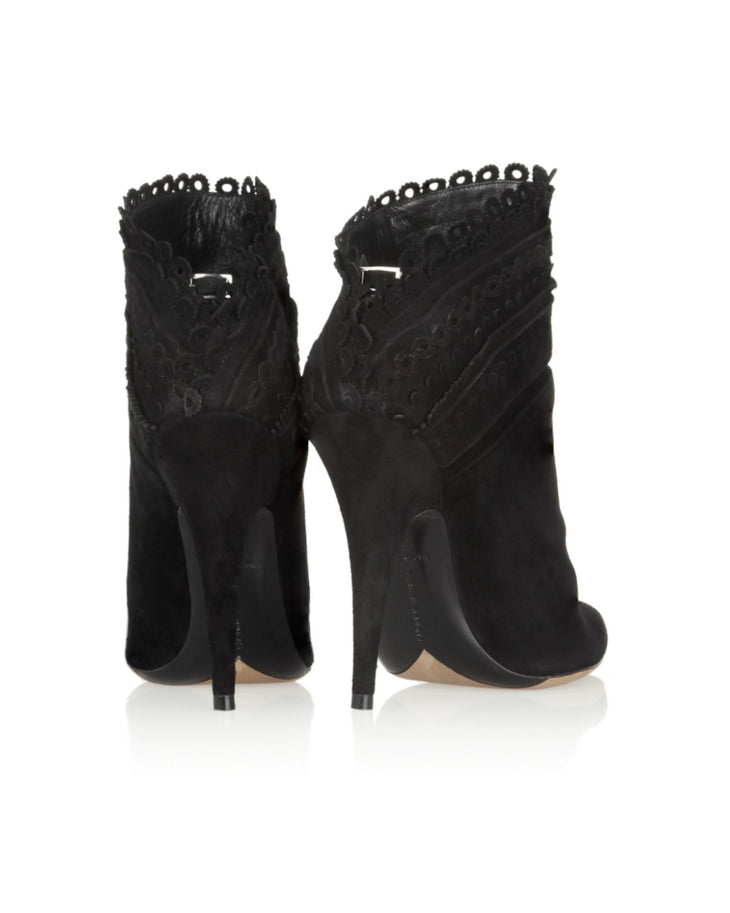 Black suede ankle boots with scalloped lace trim and stiletto heel — Tabitha Simmons | Endless UAE