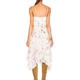 White floral print midi dress with bustier bodice, spaghetti straps, and asymmetric hem styled with gladiator sandals — Zimmermann | Endless UAE