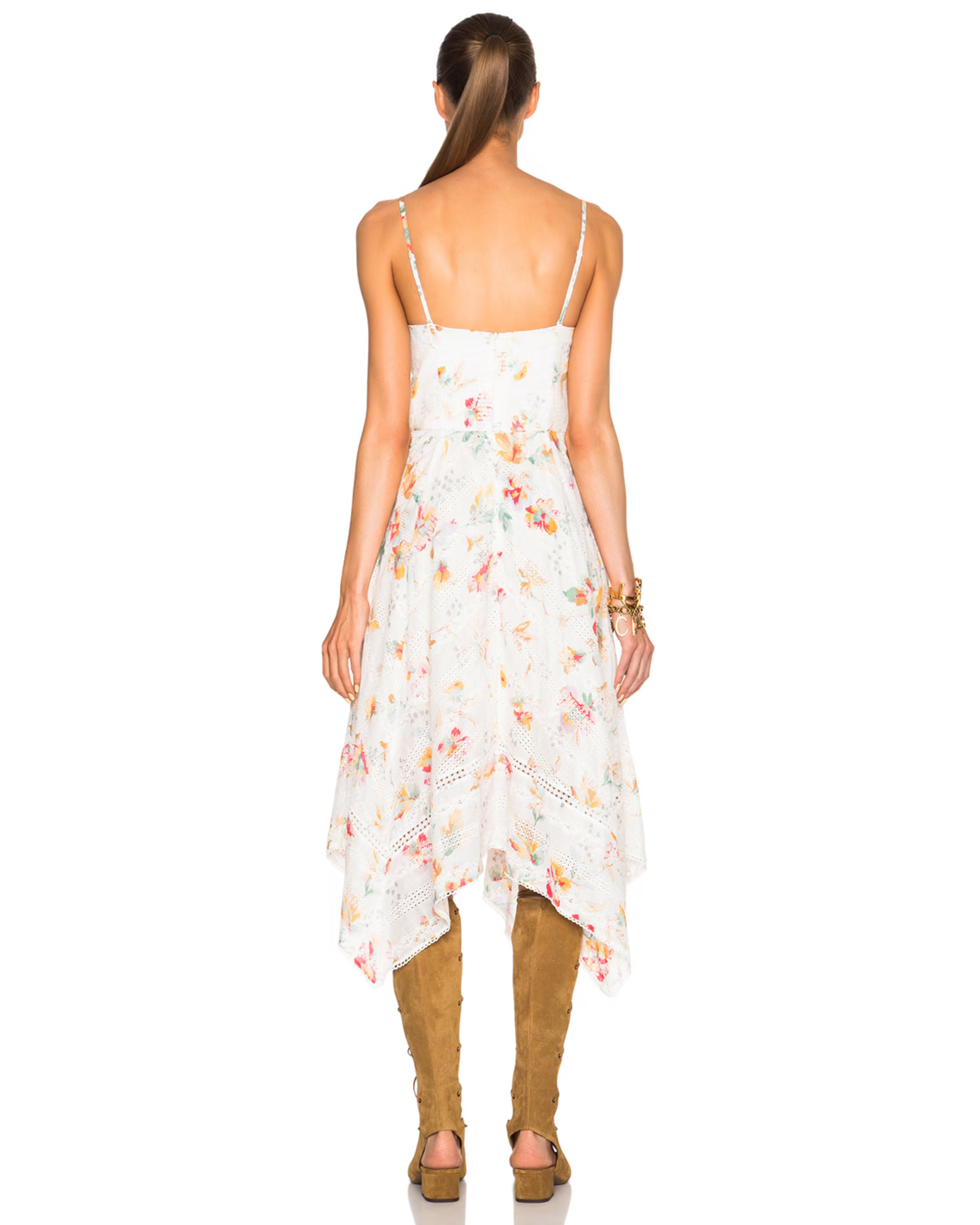 White floral print midi dress with bustier bodice, spaghetti straps, and asymmetric hem styled with gladiator sandals — Zimmermann | Endless UAE