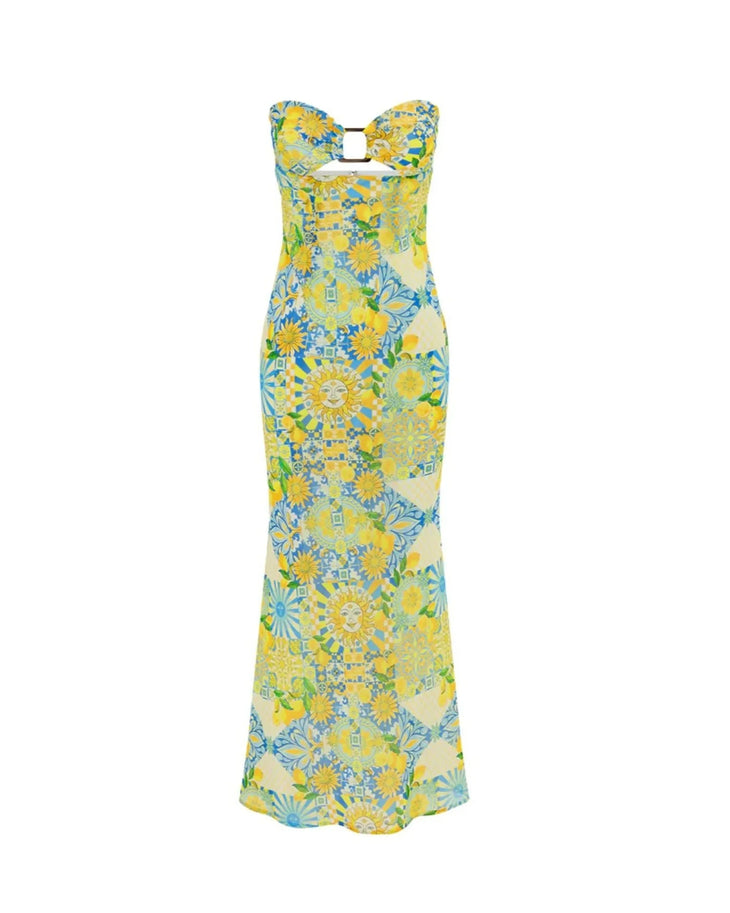 Velzy Strapless Maxi Dress in yellow floral print — Runaway The Label | Endless UAE