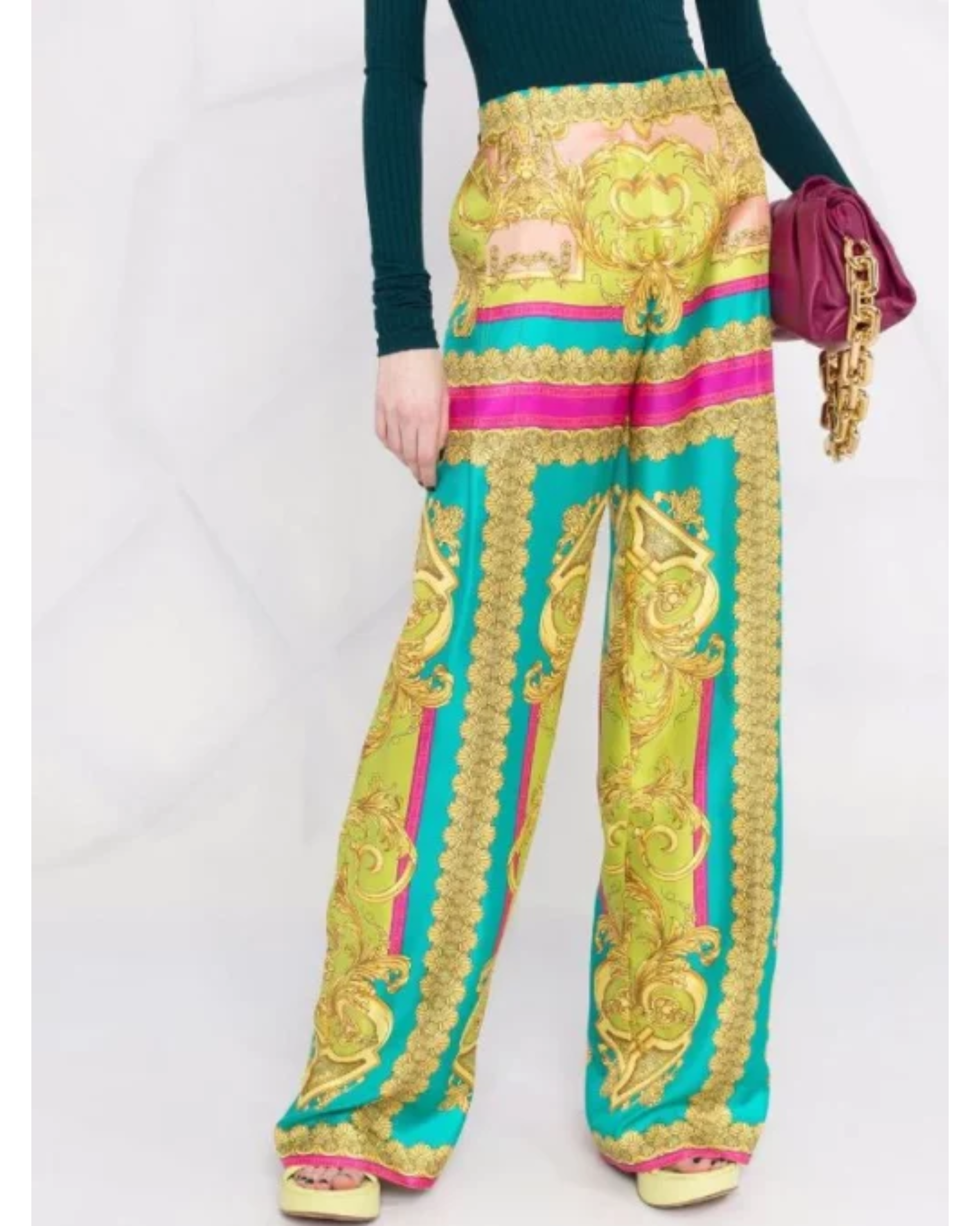 Barocco Goddess Silk Trousers in yellow, turquoise and magenta — Versace | Endless UAE
