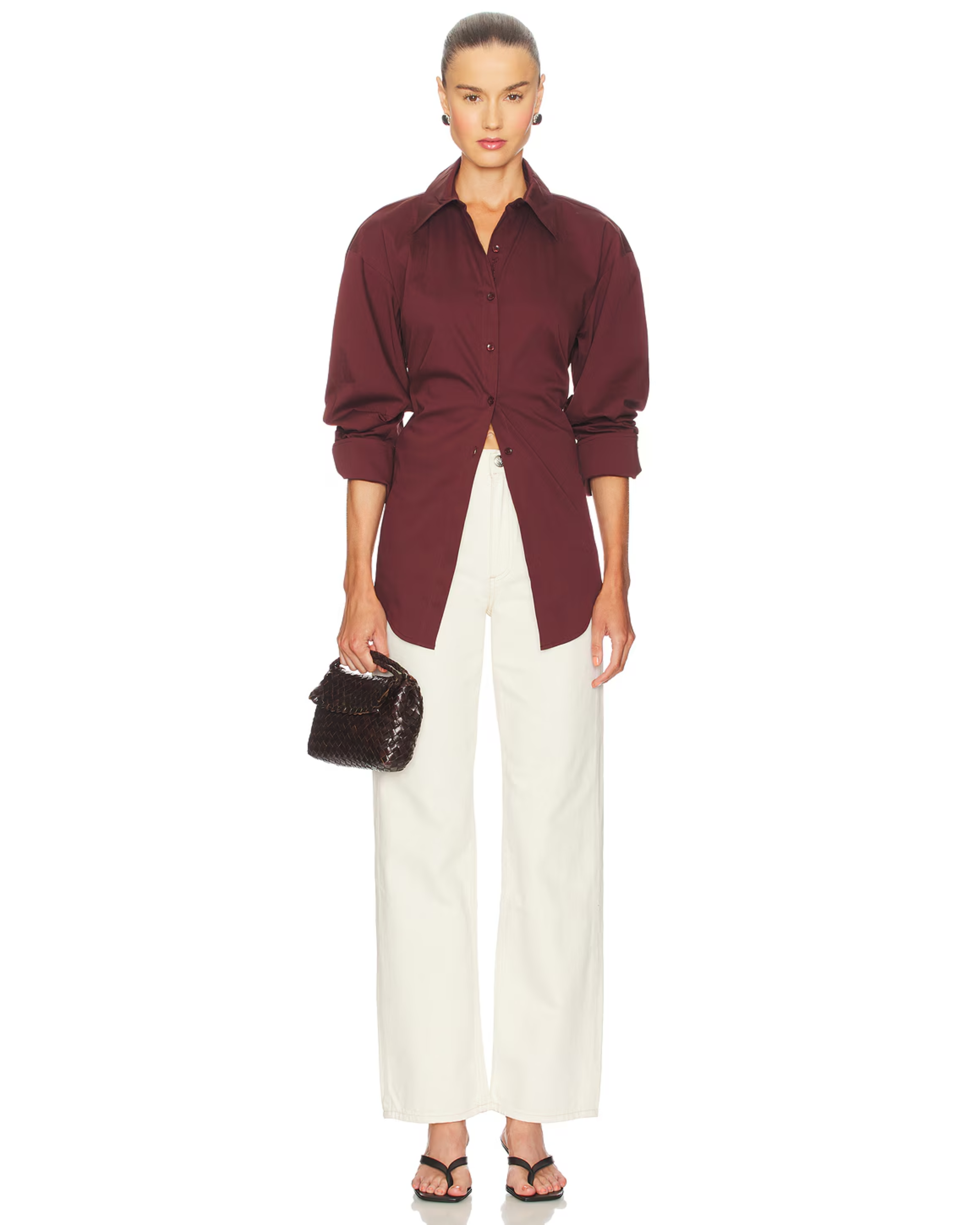 Burgundy poplin button-up shirt styled with cream trousers and black bag — Simon Miller | Endless UAE