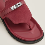 Burgundy leather thong sandal with black sole and silver hardware — Hermes | Endless UAE