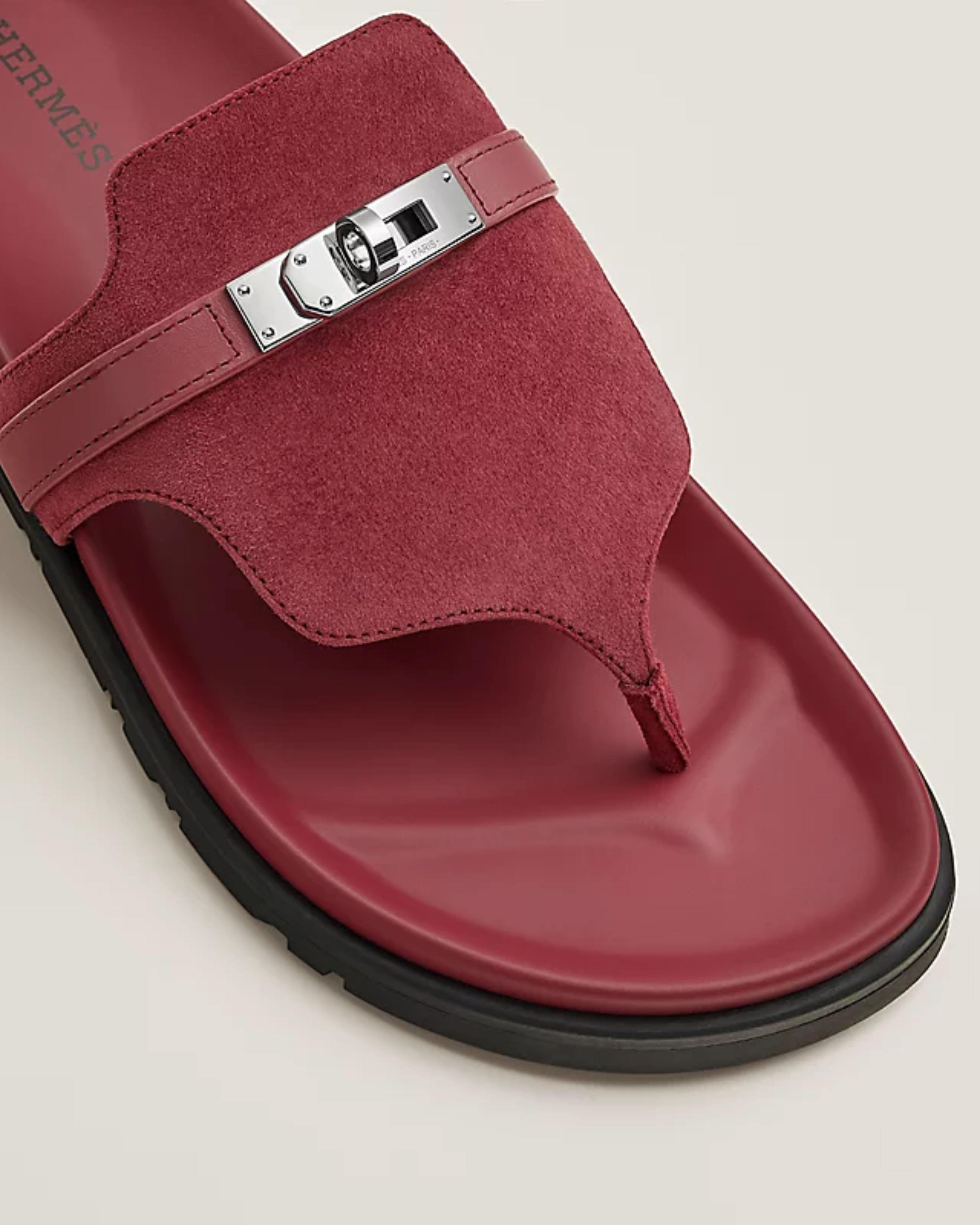 Burgundy leather thong sandal with black sole and silver hardware — Hermes | Endless UAE
