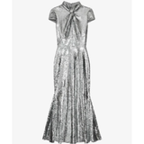Silver sequin midi dress with twist neck and short sleeves — Self-Portrait | Endless UAE