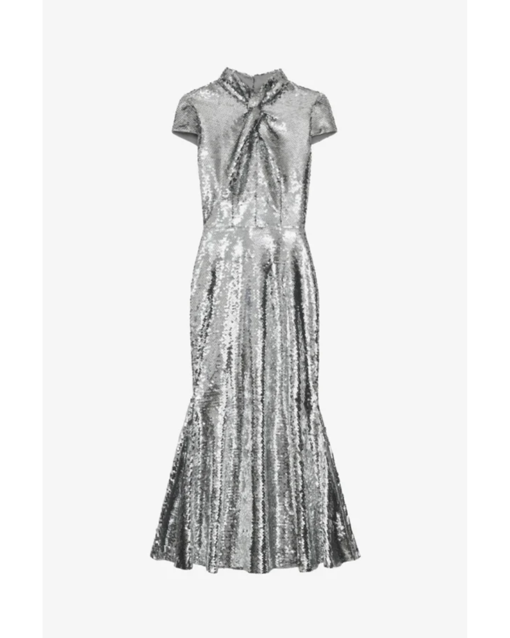 Silver sequin midi dress with twist neck and short sleeves — Self-Portrait | Endless UAE