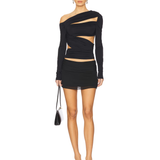 Black asymmetric cutout long sleeve top with wrapped design and one shoulder silhouette — Lioness | Endless UAE