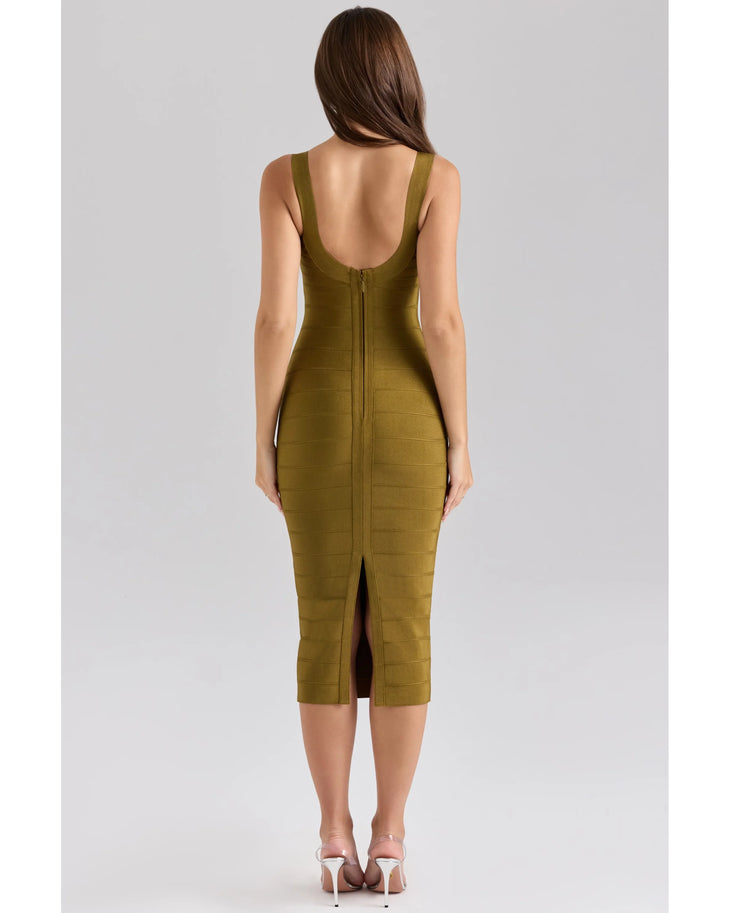 Olive green midi bandage dress with square neckline and sleeveless design — House Of CB | Endless UAE