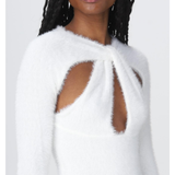 White fuzzy sweater with dramatic cutout detail at chest worn by model with braided hair — Coperni | Endless UAE