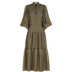 Olive green midi dress with high neck, button-front detail, wide kimono sleeves, and tiered ruffle skirt — Shona Joy | Endless UAE