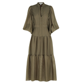 Olive green midi dress with high neck, button-front detail, wide kimono sleeves, and tiered ruffle skirt — Shona Joy | Endless UAE
