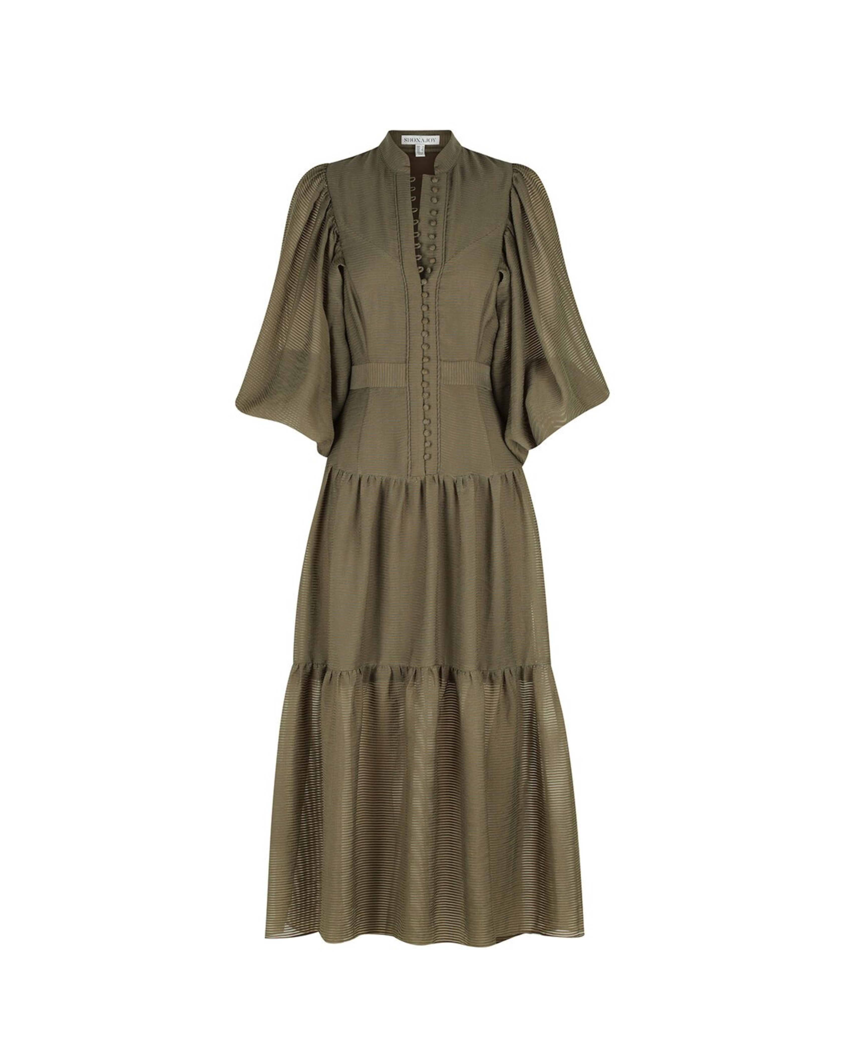 Olive green midi dress with high neck, button-front detail, wide kimono sleeves, and tiered ruffle skirt — Shona Joy | Endless UAE