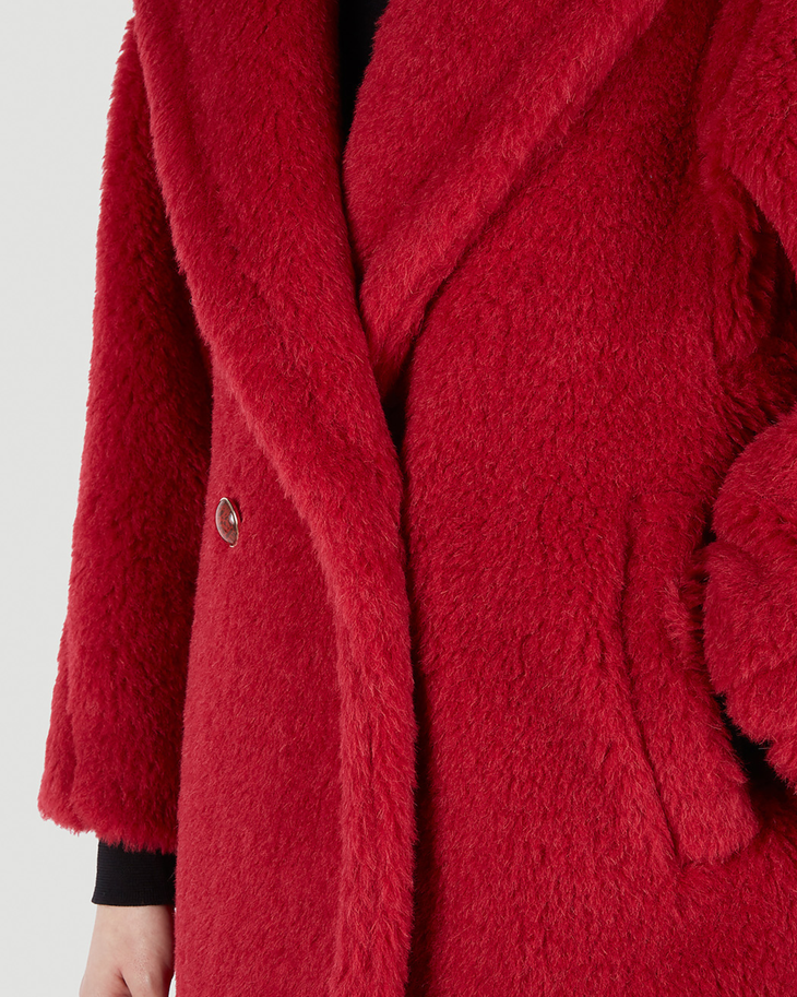 Red fuzzy teddy bear coat with notched lapels and single button closure — Max Mara | Endless UAE