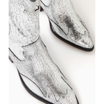 Silver crackled leather western-style cowboy boot with black heel and decorative stitching — Schutz | Endless UAE