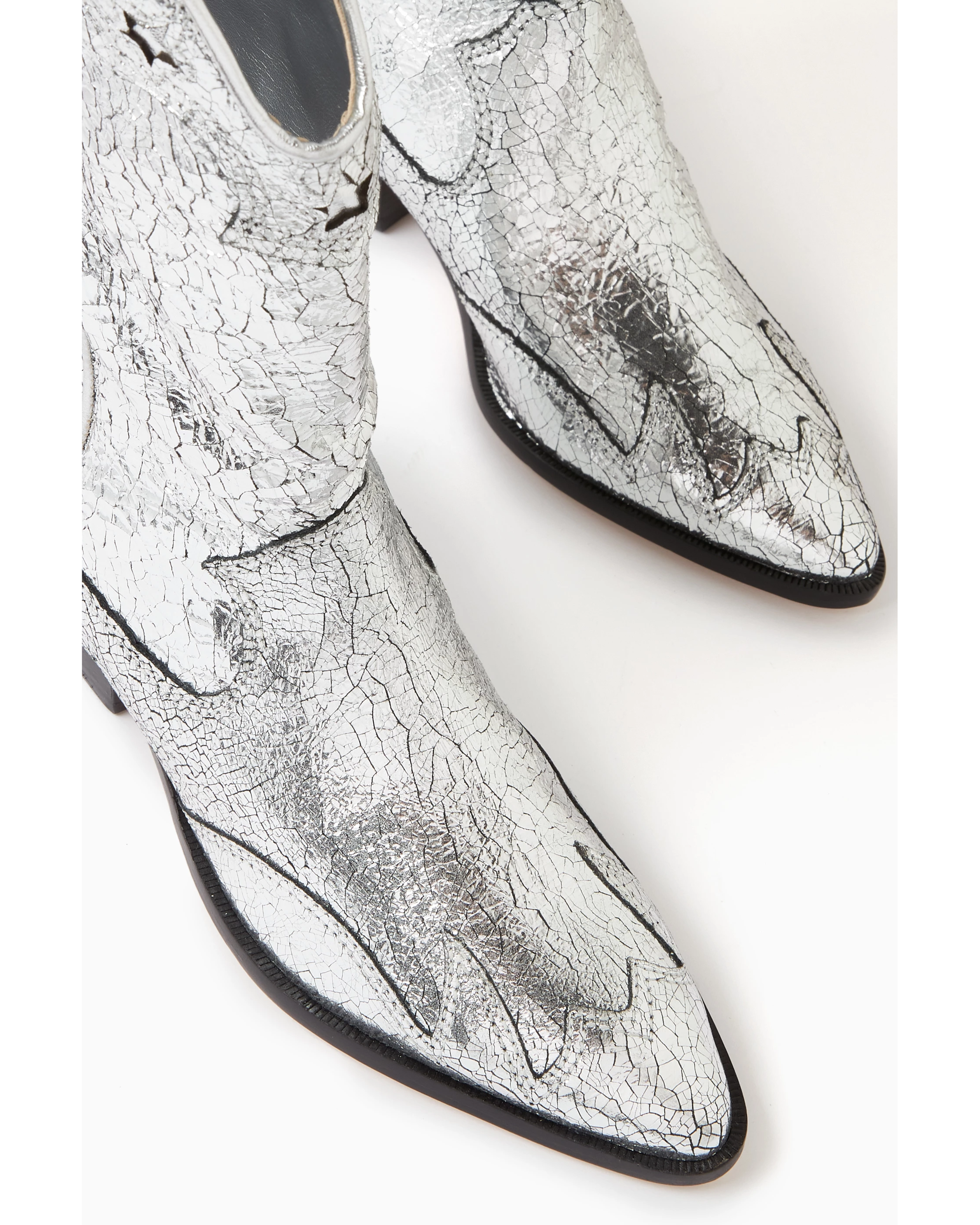 Silver crackled leather western-style cowboy boot with black heel and decorative stitching — Schutz | Endless UAE