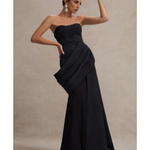 Elegant black strapless corset maxi dress with draped waist detail and flowing skirt — Club L London | Endless UAE
