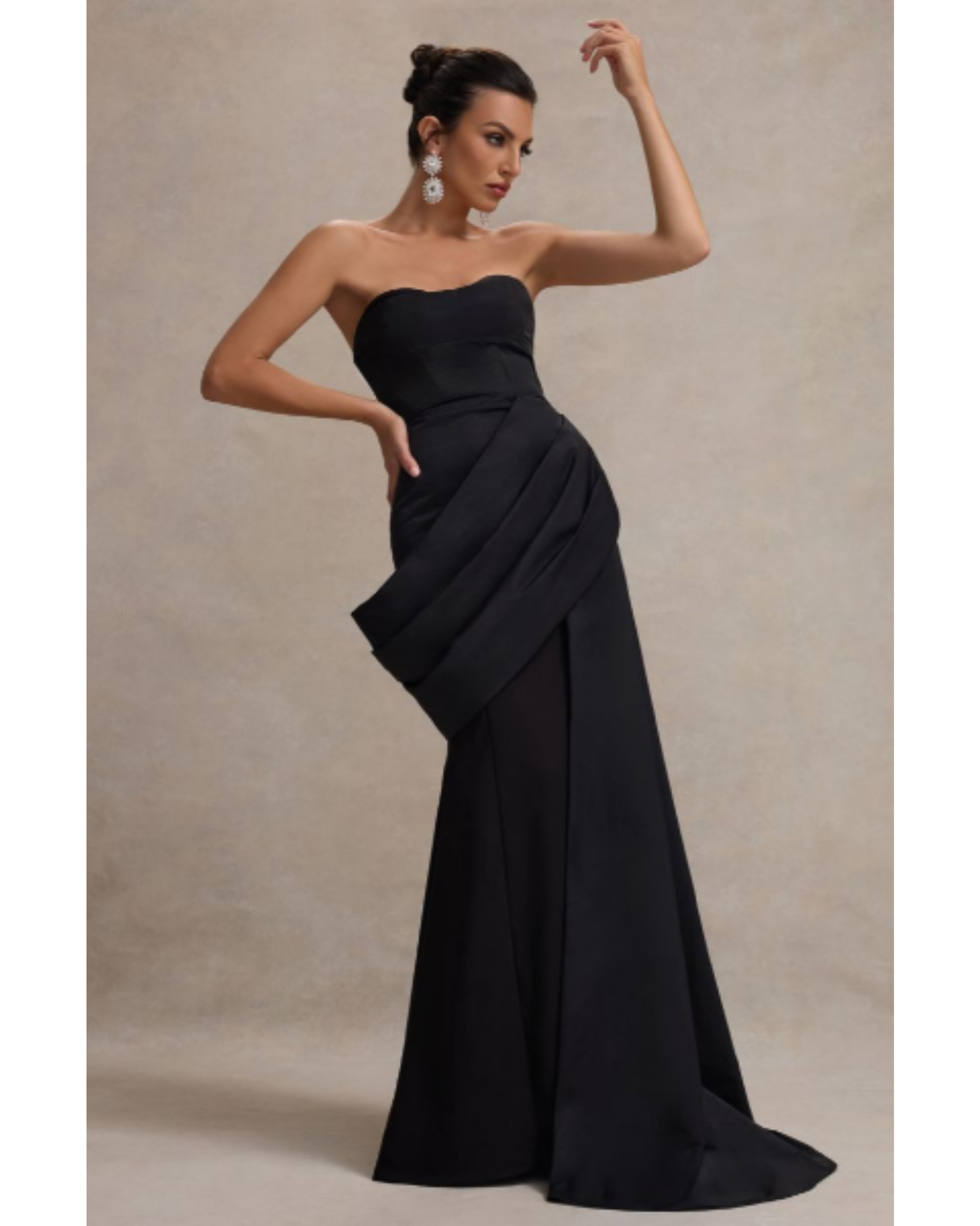 Elegant black strapless corset maxi dress with draped waist detail and flowing skirt — Club L London | Endless UAE