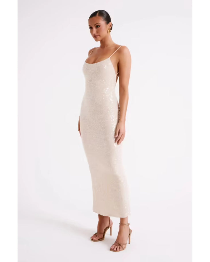 Woman wearing cream sequin maxi dress with thin straps and ankle length — Meshki | Endless UAE