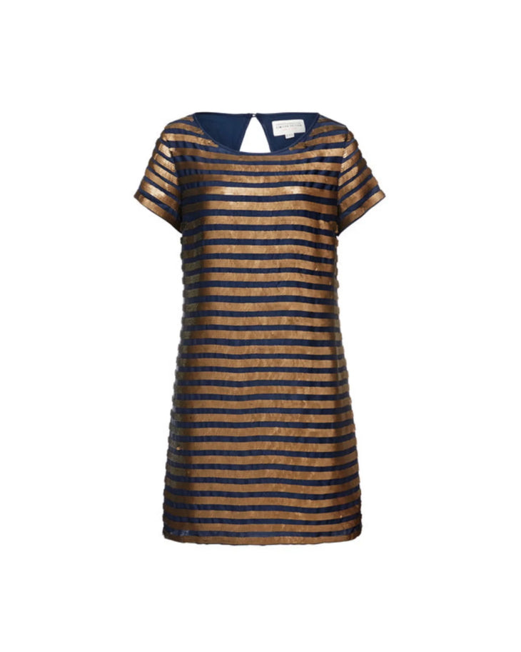 Woman wearing black and gold striped sequin shift dress with short sleeves — French Connection | Endless UAE