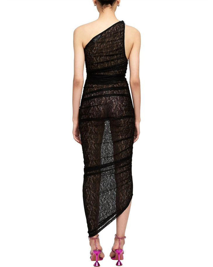 Black lace one-shoulder midi dress with ruched details and asymmetrical hem — Lioness | Endless UAE