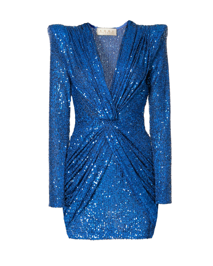 Blue sequin blazer dress with long sleeves and wrap front detail — Aggi by Halewki | Endless UAE
