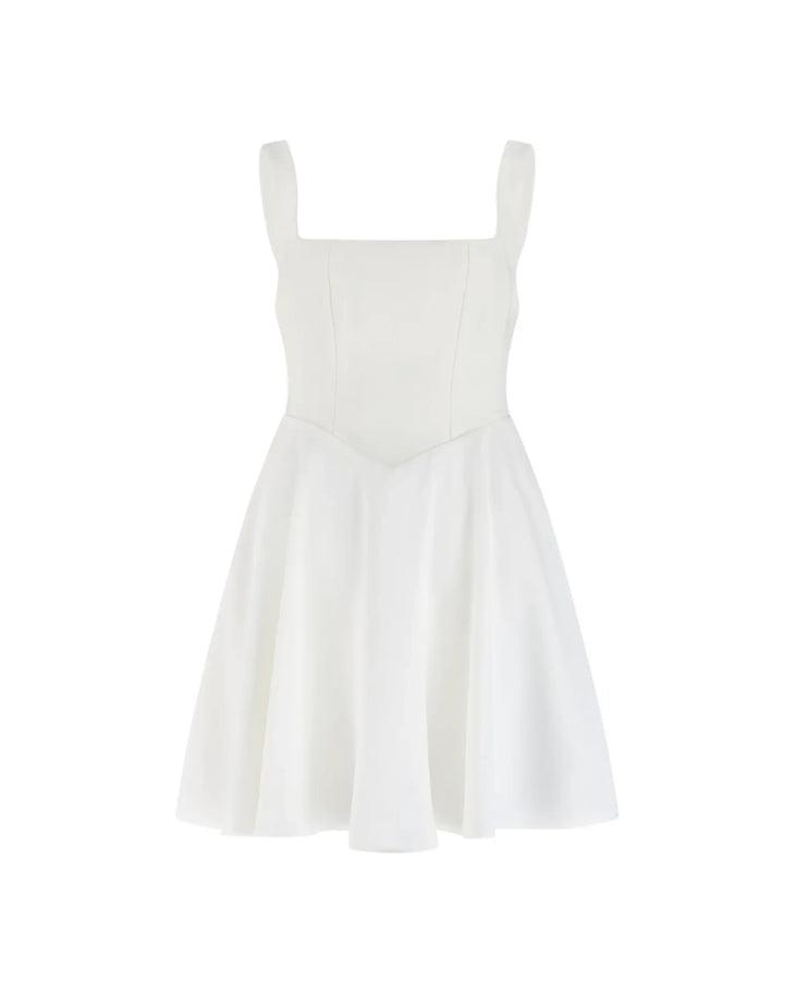Woman wearing white sleeveless square neck mini dress with white heeled sandals — Odd Muse | Endless UAE