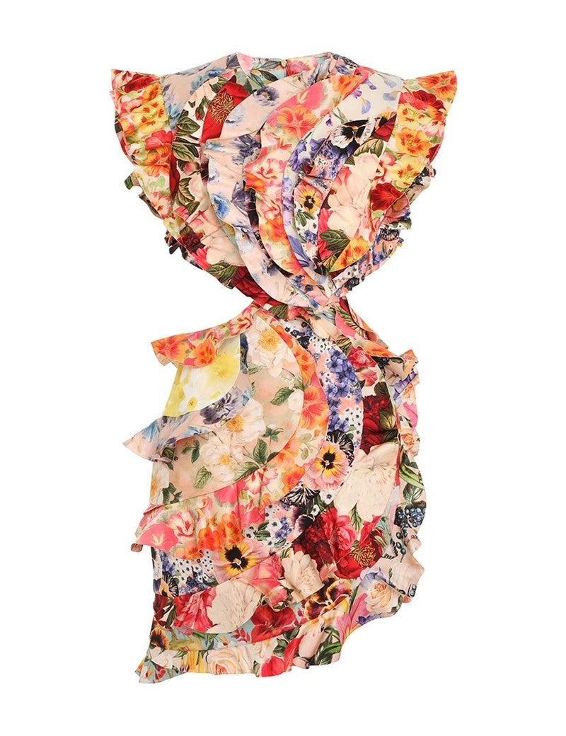 Colorful floral mini dress with ruffled cap sleeves and wrap waist detail — Zimmermann | Endless UAE