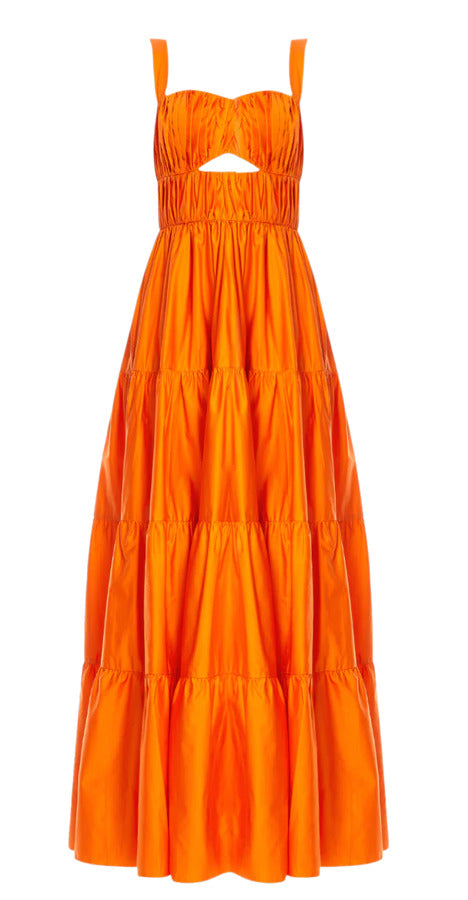 Vera Cut Out Maxi Dress in vibrant orange with tiered skirt and square neckline — Vasiliki | Endless UAE
