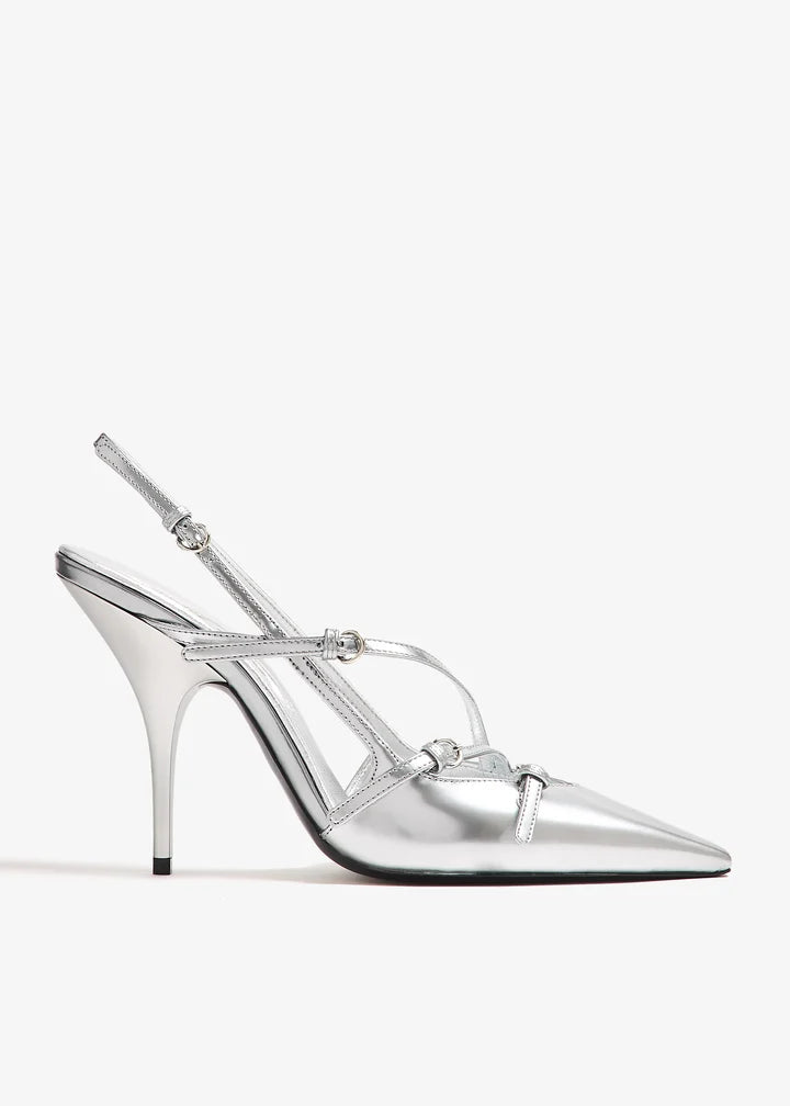 Silver metallic slingback pumps with buckle straps — Miu Miu | Endless UAE