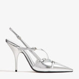 Silver metallic slingback pumps with buckle straps — Miu Miu | Endless UAE
