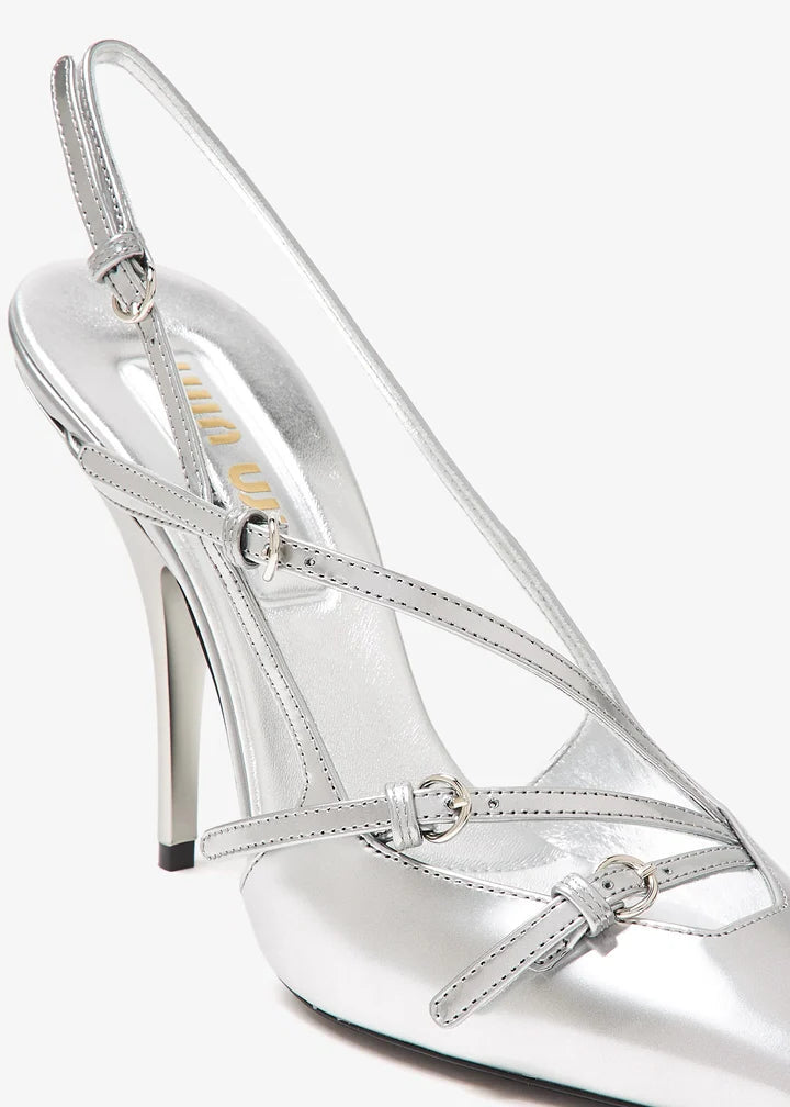 Silver metallic slingback pumps with buckle straps — Miu Miu | Endless UAE