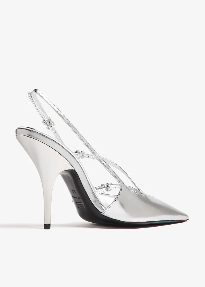 Silver metallic slingback pumps with buckle straps — Miu Miu | Endless UAE