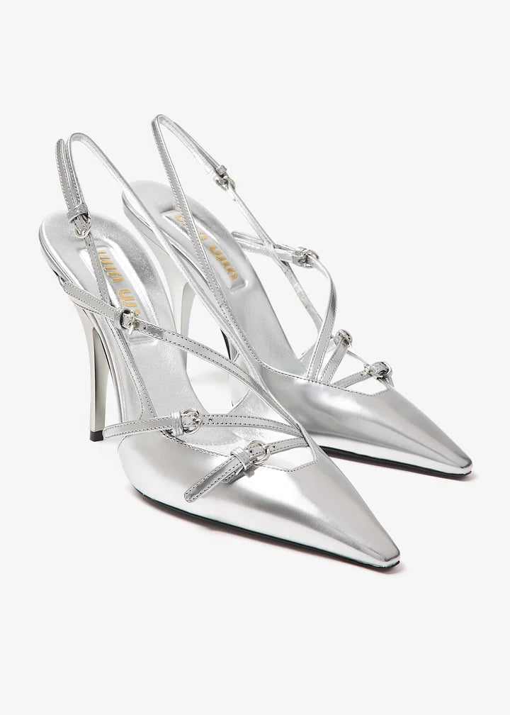 Silver metallic slingback pumps with buckle straps — Miu Miu | Endless UAE