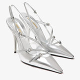 Silver metallic slingback pumps with buckle straps — Miu Miu | Endless UAE