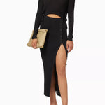 Black ribbed knit midi dress with cut-out details and side slit — Self-Portrait | Endless UAE
