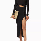 Black ribbed knit midi dress with cut-out details and side slit — Self-Portrait | Endless UAE