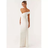 White off-shoulder sequin maxi dress with bodycon silhouette and floor-length hem — Peppermayo | Endless UAE