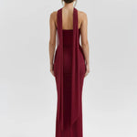 Burgundy mesh two-piece gown with choker neckline and ruched bodycon silhouette — Almond Muse | Endless UAE