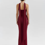Burgundy mesh two-piece gown with choker neckline and ruched bodycon silhouette — Almond Muse | Endless UAE