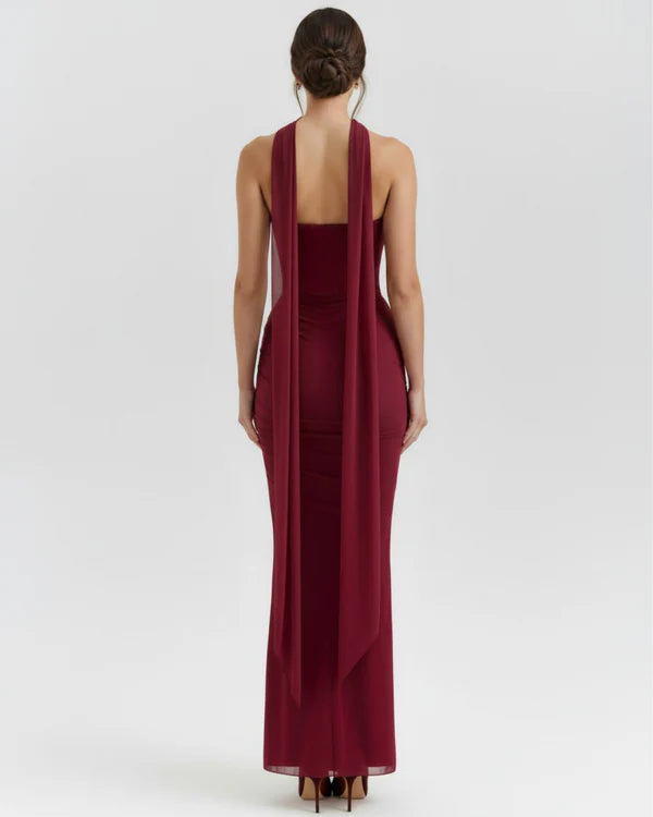 Burgundy mesh two-piece gown with choker neckline and ruched bodycon silhouette — Almond Muse | Endless UAE