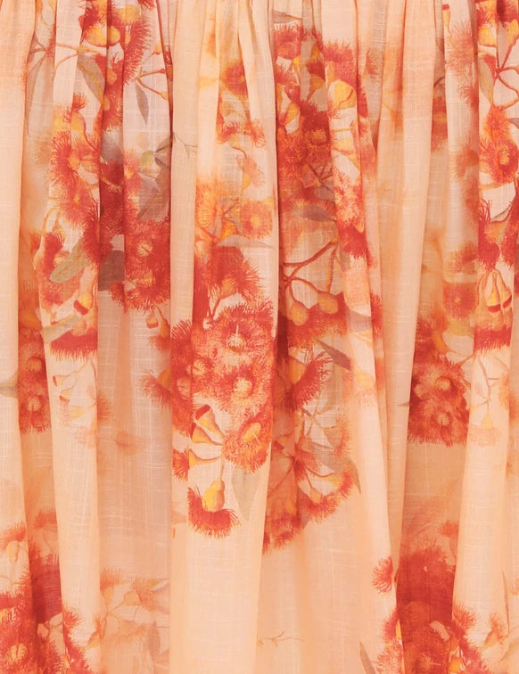 Strapless midi dress with coral floral print and gathered fabric detail — Zimmermann | Endless UAE