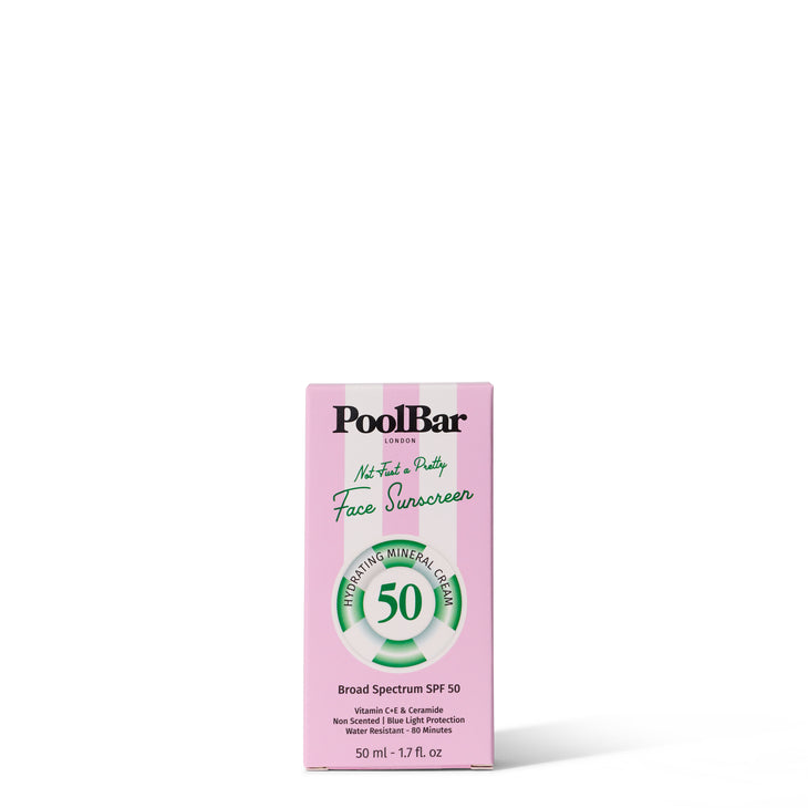 Pink tube of PoolBar London SPF 50 face sunscreen with hydrating mineral formula and blue light protection — PoolBar London | Endless UAE