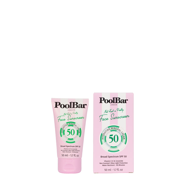 Pink tube of PoolBar London SPF 50 face sunscreen with hydrating mineral formula and blue light protection — PoolBar London | Endless UAE