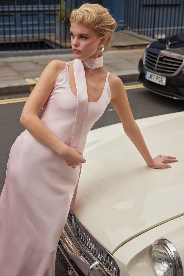 Elegant pale pink sleeveless scoop neck dress with high neck detail and vertical panel design — By Keara | Endless UAE
