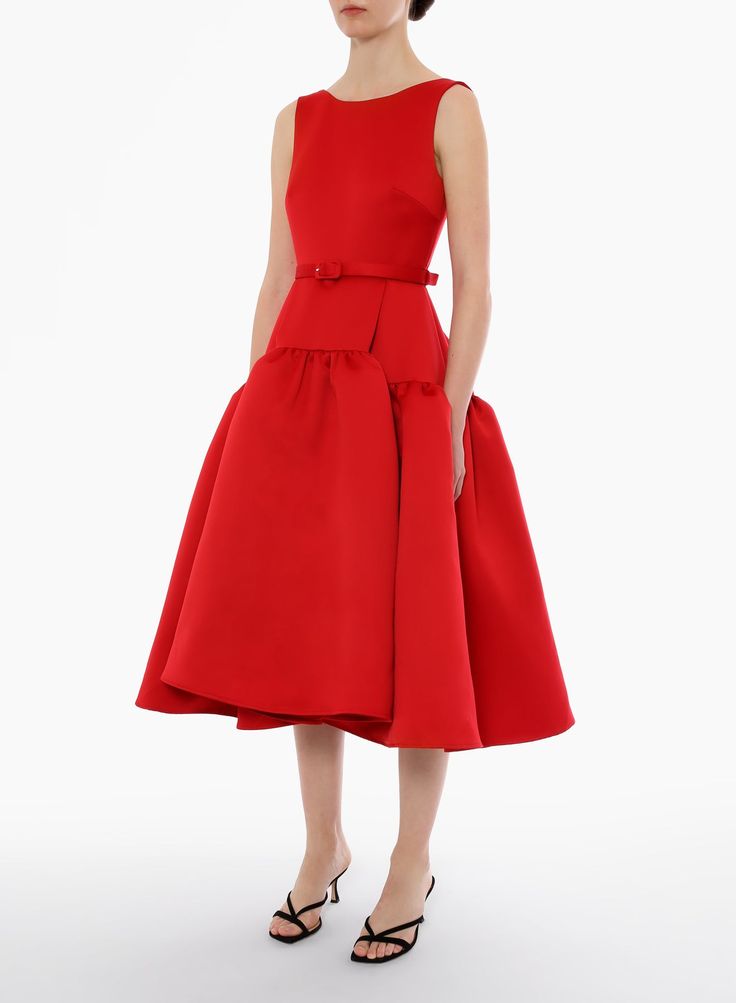 Red satin sleeveless midi dress with bow belt and full skirt — Huishan Zhang | Endless UAE